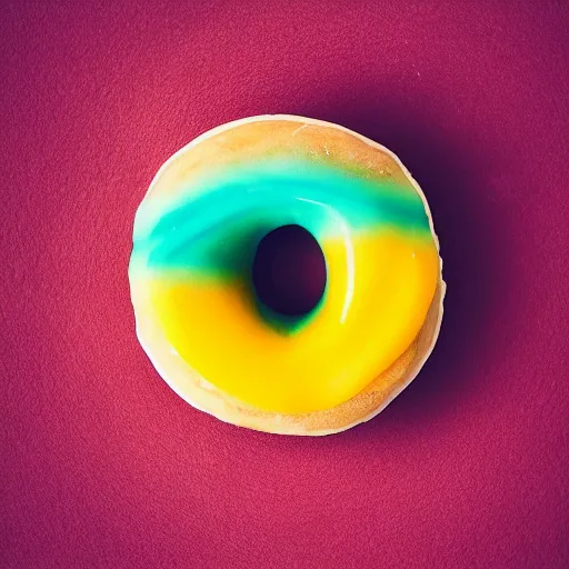 Prompt: Perfectly circular donut!!!!! in the style and shape of a mango!!!!!!, blended colors!!!!!, trending on artstation, 4k, 8k, professional photography, overhead shot, 35mm lens