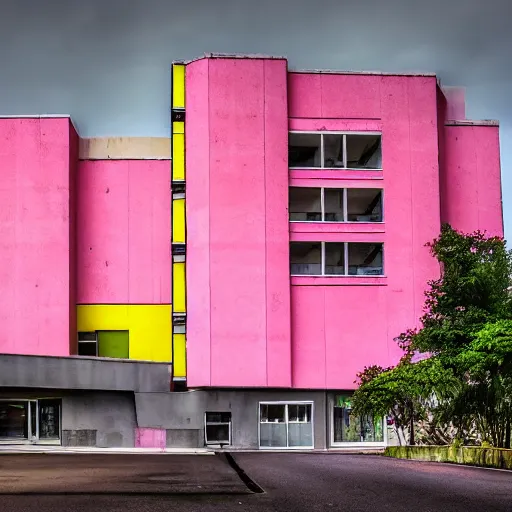Prompt: brutalist building with accents of pink and yelloww. dark and moody.