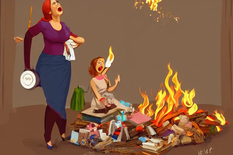 Image similar to a crazy housewife opera singer hurries up to pack daughter's things, surrounded with fire, clothes are flying around, digital art, trending on artstation