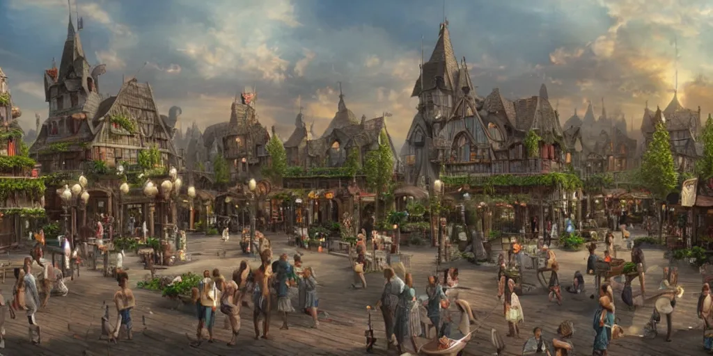 Image similar to beautiful matte painting of a fantasy town square