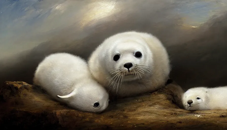 Prompt: highly detailed painting of cute furry white baby seals on a compact japanese drift car by william turner, by greg rutkowski, by william constable, thick brush strokes and visible paint layers, 4 k resolution