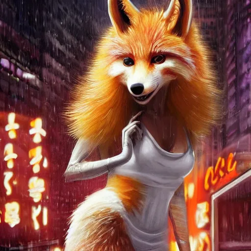 Image similar to furry anthropomorphic female vulpes vulpes fulva with white fur eating noodles by a noodle kiosk in the crowded street of a city, cyberpunk, rain, harsh neon lights, highly detailed, digital painting, trending on artstation, concept art, sharp focus, illustration, art by artgerm and greg rutkowski and magali villeneuve