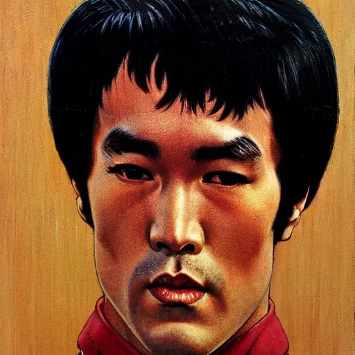 Image similar to Frontal portrait of Bruce Lee. A portrait by Norman Rockwell.