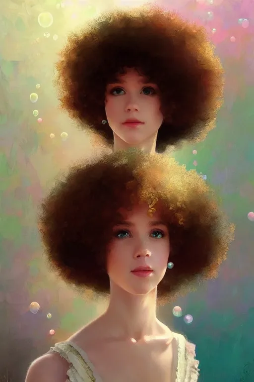 Image similar to bob ross android, dreamy and ethereal, ( colour ) eyes, peaceful expression, ornate frilly dress, fantasy, intricate, elegant, rainbow bubbles, highly detailed, digital painting, artstation, concept art, smooth, sharp focus, illustration, art by artgerm and greg rutkowski and alphonse mucha