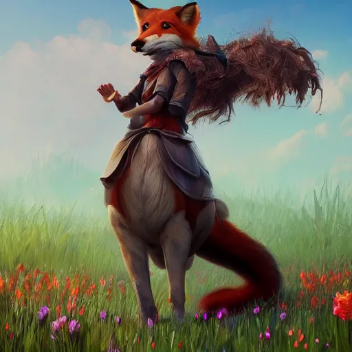 Image similar to girl riding a giant fox in a field of flowers, trending on artstation
