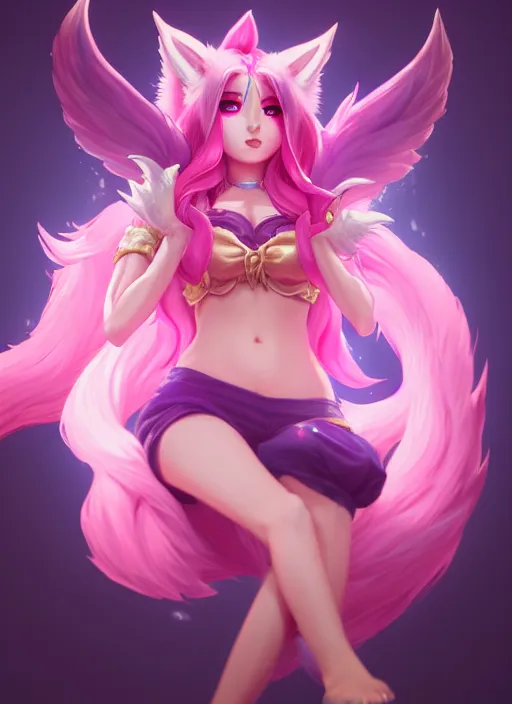 Image similar to ahri, from league of legends, pink heart skill, hyper detailed, digital art, trending in artstation, cinematic lighting, studio quality, smooth render, unreal engine 5 rendered, octane rendered, art style by klimt and nixeu and ian sprigger and wlop and krenz cushart