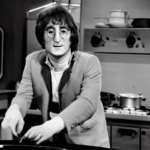 Image similar to a professional photo of john lennon in 1 9 6 4 on a cooking tv show, monochrome, f / 1. 4, 9 0 mm