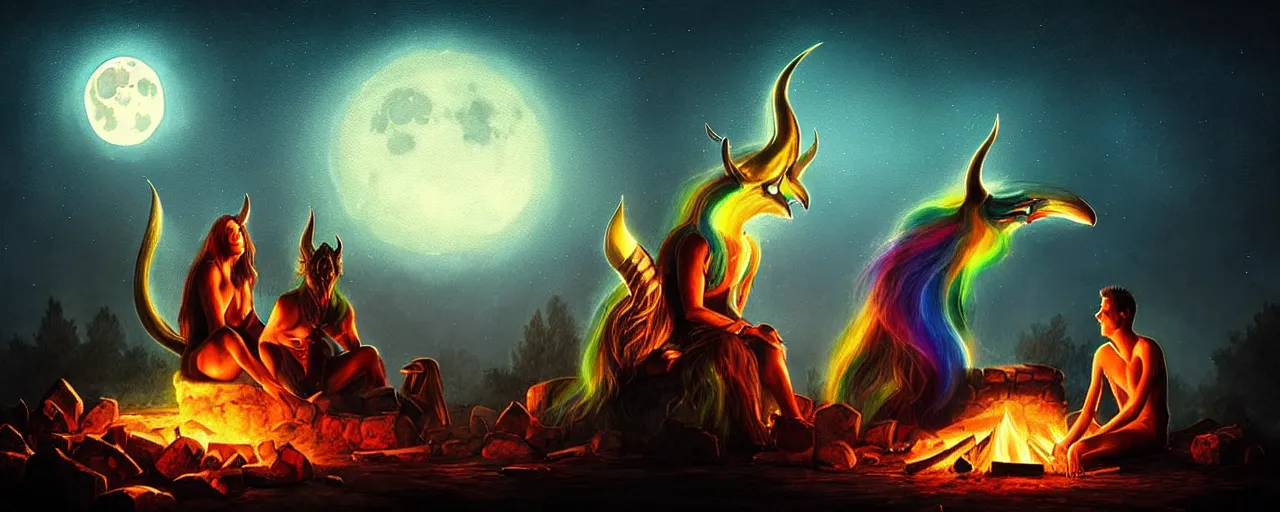 Image similar to uncanny!!! bifrost!!! mythical beasts of sitting around a fire under a full moon at bifrost, surreal dark uncanny painting by ronny khalil