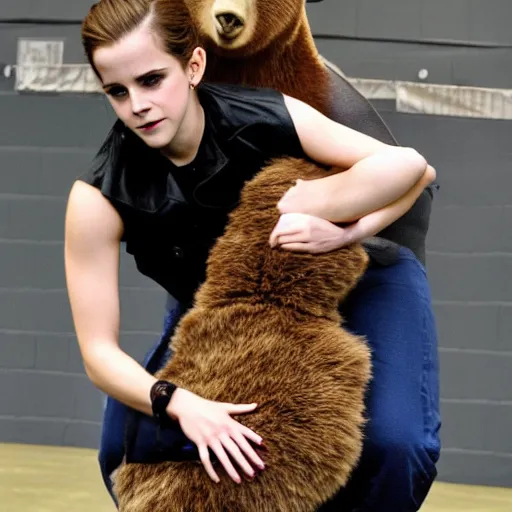 Prompt: emma watson wrestling a bear