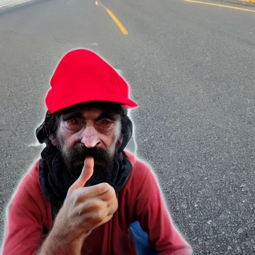 Image similar to a homeless angry man wearing mario's hat pointing the middle finger at the camera, on the side of a road, he is sitting on a sleeping bag.