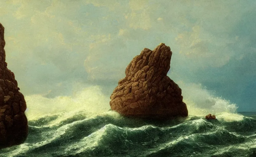 Prompt: large rock in the middle of the ocean, large waves, close up shot, rocky, at dusk, 4k, rule of thirds, extreme detail, hazy, intricate ink illustration, surreal, surrealist, trending on artstation, cgsociety, hd, complimentary colours, realistic lighting, by Albert Bierstadt, Frederic Edwin Church.