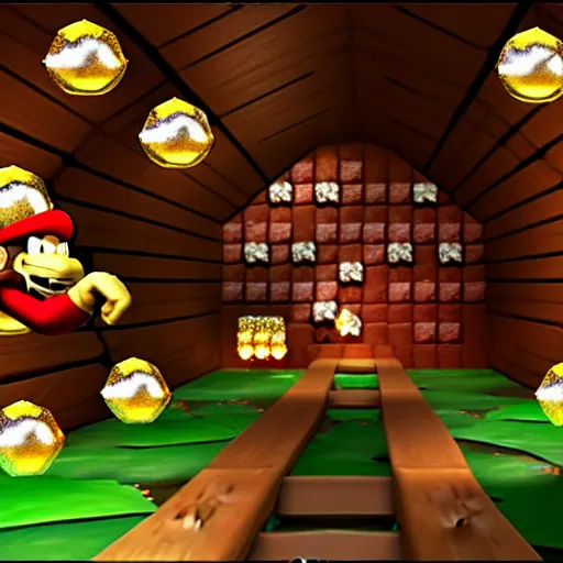 Image similar to Donkey Kong in a beautiful mine with shiny crystals on the wall and floating barrels. Unreal engine.