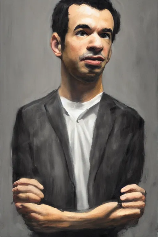 Image similar to dark painting by jon hale of nathan fielder holding puppet strings, ominous, shadowy, masterminding, paint streaks, action lines!!!, visible texture, blurry, blurred