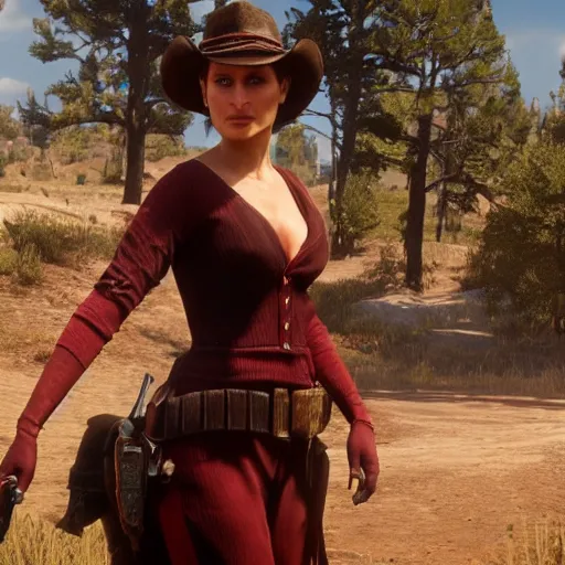 Image similar to natalie portman in red dead redemption 2, character render, full body shot, highly detailed, in game render