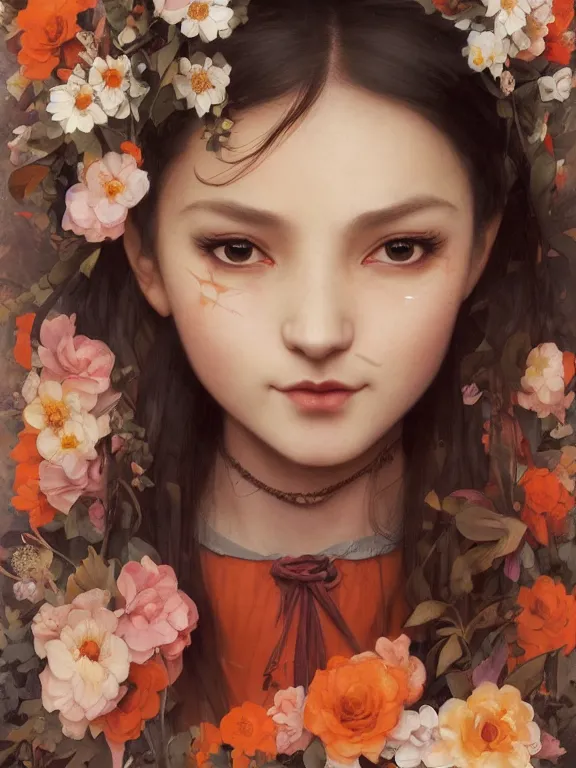 Prompt: Full shot of a cute mischievous young witch about to get up to some trouble. Latin American fashion. Floral patterns. Black and Orange palette. Latina girl. brown skin. defined facial features, symmetrical facial features. By Ruan Jia and Artgerm and Range Murata and WLOP and Ross Tran and William-Adolphe Bouguereau. Key Art. Fantasy Illustration. award winning, Artstation, intricate details, realistic, Hyperdetailed, 8k resolution.