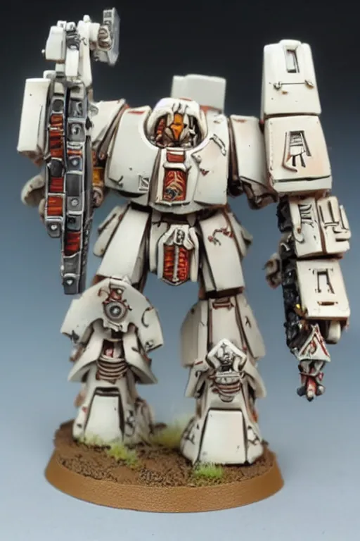 Prompt: Warhammer 40k TAU titan with white plating miniature