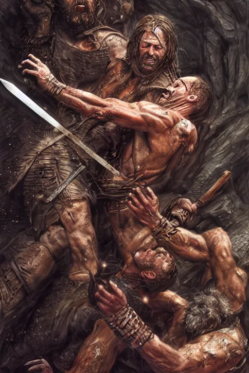 Prompt: hyperrealistic mixed media painting of biblical Cain stabbing Abel with a spear, masculine and rugged, stunning 3d render inspired art by P. Craig Russell and Barry Windsor-Smith + perfect facial symmetry + dim volumetric lighting, 8k octane beautifully detailed render, post-processing, extremely hyperdetailed, intricate, epic composition, grim yet sparkling atmosphere, cinematic lighting + masterpiece, trending on artstation, very very detailed, masterpiece, stunning