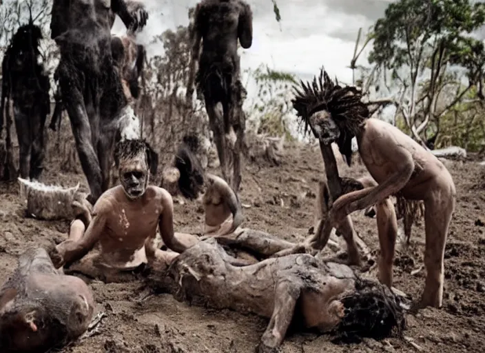 Image similar to sensual scene from art house film by alejandro jodorowsky, roger ballen, surreal scene of an occult ritual in a picturesque outdoors setting, ashes, new guinea mud man, costumes, snakes, smoke, burned dolls, close - up of the actors'faces, sharp, leica 3 5 mm, 1 6 k