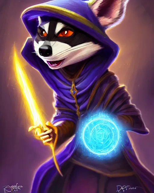 Prompt: closeup, highly detailed digital illustration portrait of hooded sorcerer sly cooper raccoon casting a magical energy sparkling blue glowing spell in an ancient castle, action pose, d & d, magic the gathering, by rhads, frank frazetta, lois van baarle, jean - baptiste monge, disney, pixar,