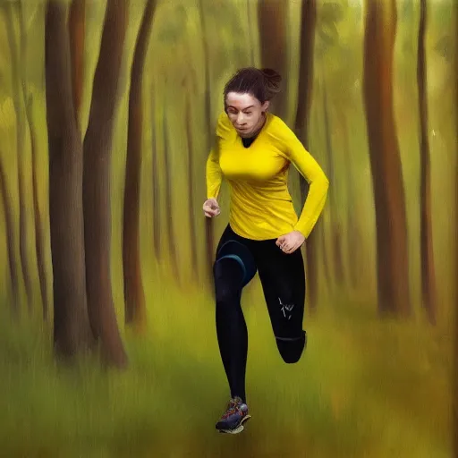 Image similar to a female orienteer wearing a yellow long - sleeved shirt and black tights runs in the forest, oil on canvas, trending on artstation.