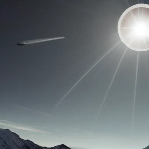 Prompt: the photo shows a large, silver disk - shaped object hovering in the sky above a mountain range. the object appears to be surrounded by a bright, glowing aura. there is no sign of any engines or propulsion system, and the object seems to be completely silent. the photo was taken by a professional photographer