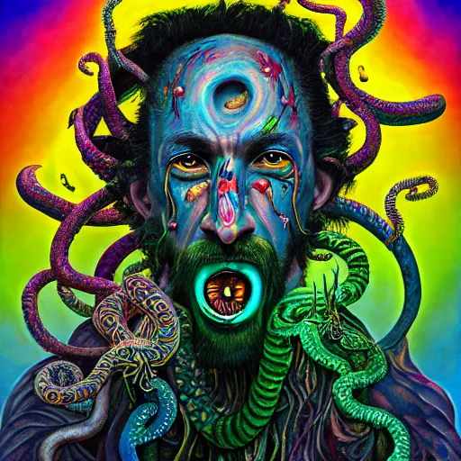 Prompt: a painting of a psychedelic shaman with snakes coming out of his mouth, a surrealist painting, polycount, behance, surrealism, surrealist, lovecraftian, cosmic horror, grotesque