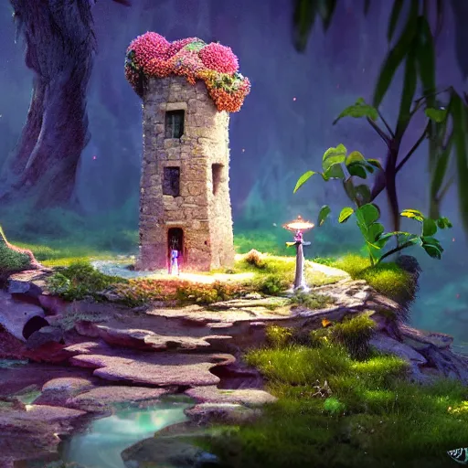 Image similar to tiny stone tower, expressive eyes, floating, rbc, radiolaria, protophyta, micro - organisms, center frame, symmetric, rim light, marine microbiology, bioluminescence, electric, fur, soft, concept art, intricate details, highly detailed, colorful, photorealistic, disney pixar, octane render, iridescent, anime