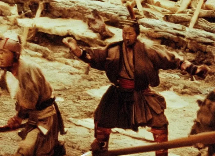 Image similar to a movie still of a samurai slicing through a loaf of bread by Akira Kurosawa