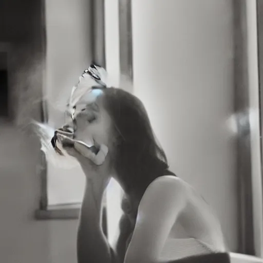 Image similar to Live Action Still of Jerma985 in a film of a beautiful model woman smoking a cigarette by the window, black and white, hyperrealistic, ultra realistic, realistic, highly detailed, epic, HD quality, 8k resolution, body and headshot, film still