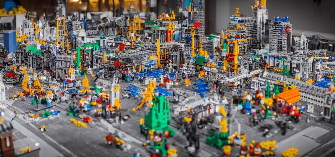 Image similar to detailed lego build of london city on basement table, professional photo, professional lighting, HDR