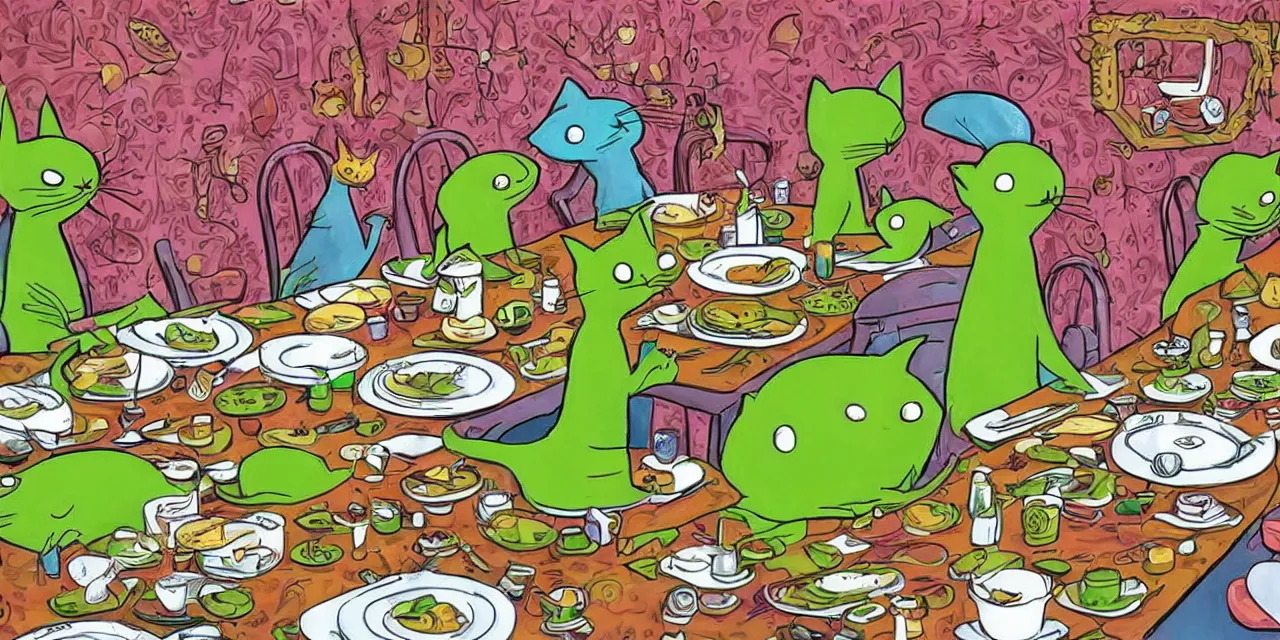 Image similar to long table big family style diner in the artistic style of slightly surreal cat in the cat book iconography but replace cat with little green aliens wearing costumes highly detailed