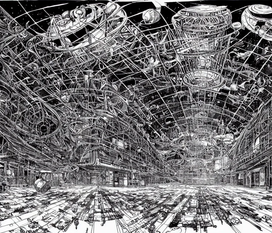 Image similar to empty very dark cargo hall and large corridor of huge huge space ship containing cages with cosmic animals ultra detailed ink drawing by james jean