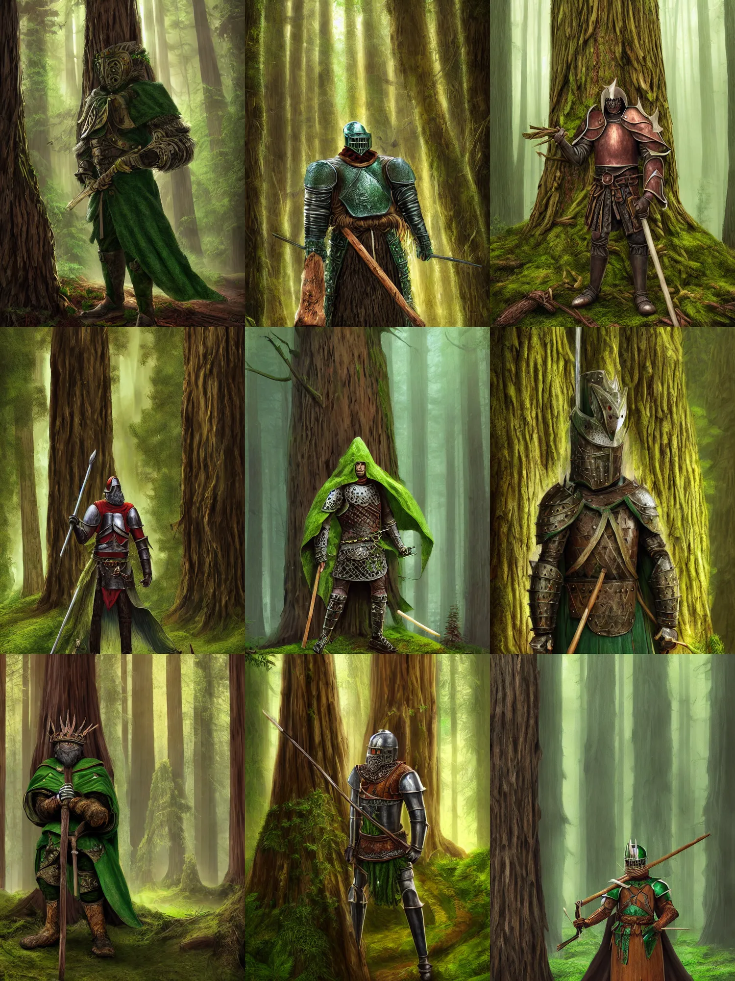 Prompt: full portrait of a green knight, giant wooden club, wooden bark armor, green cloak, in a redwood forest, high fantasy, highly detailed, smooth, matte painting, by midjourney