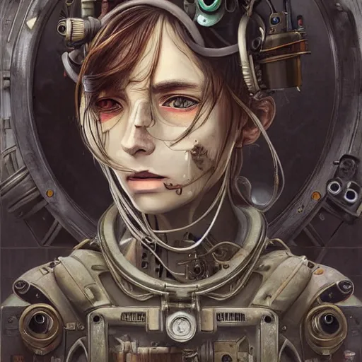 Image similar to portrait painting of a steampunk cyborg drug addict, transhumanism, ultra realistic, concept art, studio ghibli, intricate details, eerie highly detailed