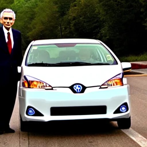 Prompt: ralph nader drives a prius that is on fire