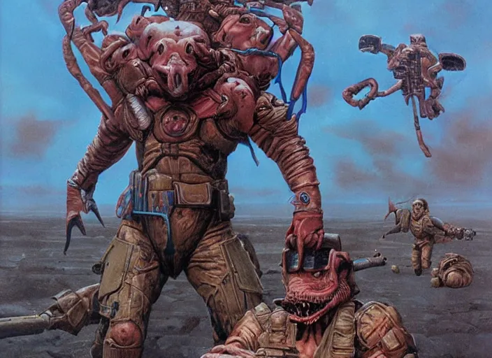 Image similar to epic artwork of a retro futuristic military soldier fight against ugly large mutant pig swine in airbrush style by wayne barlowe, mark brooks, elson peter