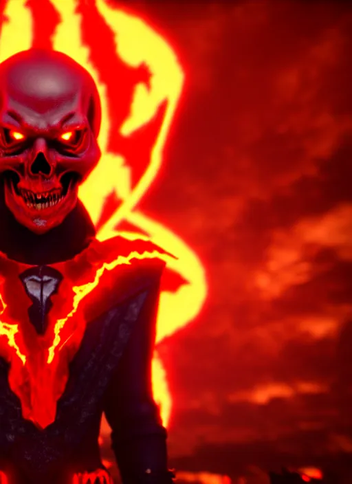 Image similar to character portrait of spawn hero, hellpunk, crimson energy radiating everywhere, hellish skull inferno in background, 8 k unreal engine render, photorealistic, rule of thirds, cinematic