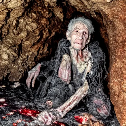 Image similar to an ultra realistic 8 k hdr photo of an elderly jagged raggedy witch woman crippled up and hunched over in a cave over a corpse with blood and meat and bones and mold and spider webs in the year 1 4 0 0