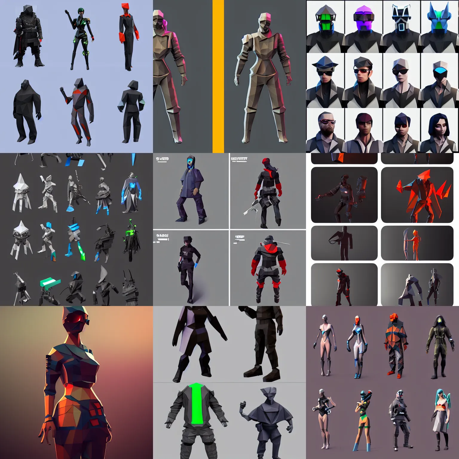 Prompt: 3d low poly model set of heroes in cyberpunk, toon shading, trending on artstation beautiful sophisticated creative