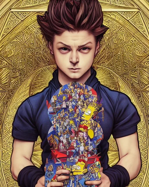 Image similar to if bart simpson was a real boy, beautiful shadowing, 3 d shadowing, reflective surfaces, 8 k, beautifully detailed pencil illustration, intricate, epic composition, masterpiece, bold complimentary colors. stunning masterfully illustrated by artgerm, range murata, alphonse mucha