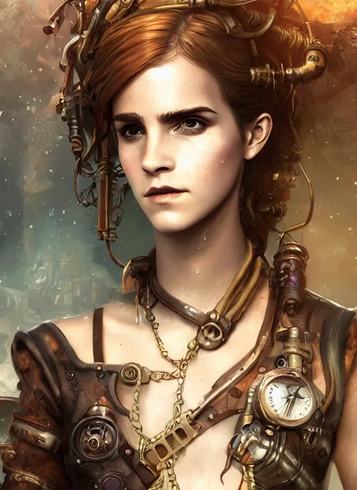 Image similar to underwater steampunk pirate biopunk portrait of emma watson, hyper detailed, digital art, cinematic lighting, studio quality, smooth render, unreal engine 5, octane rendered, art style by klimt and nixeu and ian sprigger and wlop and krenz cushart.