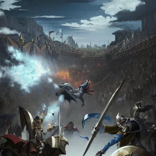 Image similar to a beautiful medieval battle between Knight, Templar against Orc, in anime style highly detailed by Raphael Lacoste, greg rutkowski, makoto shinkai