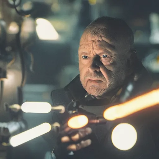 Image similar to balding older cyborg using jeweller's loupe with orange led light, inspecting intricate gun made from rusted cutlery, smoking soldering iron, dark messy cluttered workshop, dark, dramatic lighting, cinematic, highly detailed, sci - fi, futuristic, movie still from blade runner