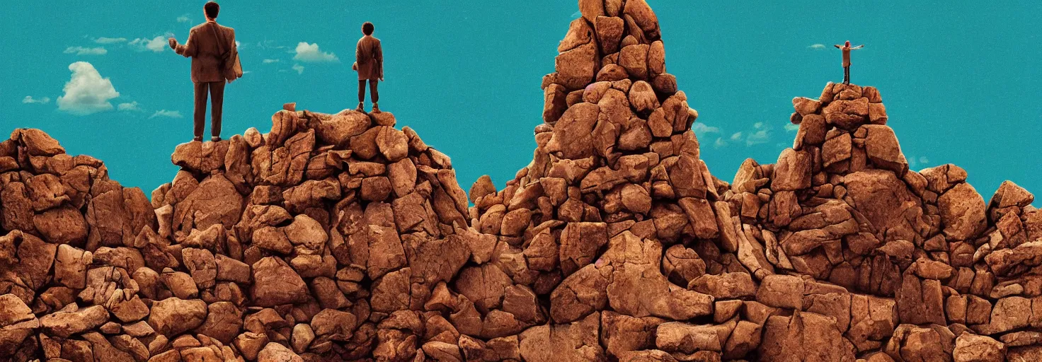 Image similar to a small figure looks up at a giant ancient stone burger mountain range, Wes Anderson, Poster, megalophobia, digital art, striking, dramatic, cinematography, brightly lit, masterpiece