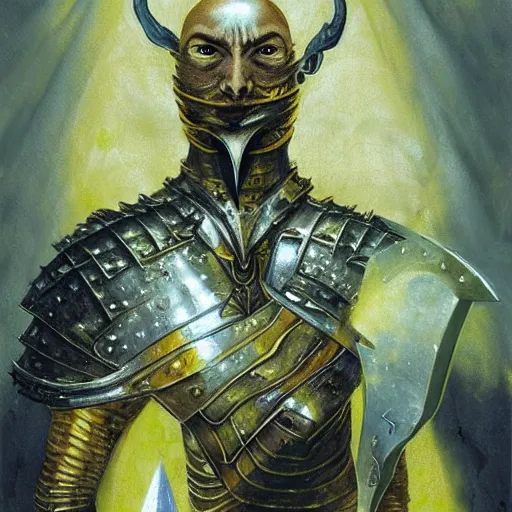 Prompt: ( ( ( head and shoulders portrait of a gaunt noseless yellow - skinned bald githyanki warrior in a breastplate, wielding a magical silver greatsword ) ) ), dave mckean, hr giger, peter mohrbacher, d & d, fantasy, medieval