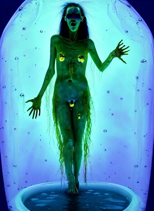 Prompt: darkly cinematic shot of a sci - fi sloppy saliva goo creature princess ungulate fairy ferret of slime floating atop a fluid pool, translucent x ray transparent skin shows skeletal, her iridescent membranes, flaring gills, shades of aerochrome gold, eerie, occult, gelatinous with a smile, dark bubbling ooze covered serious
