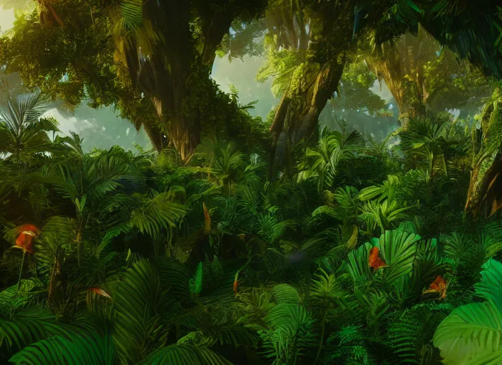 Image similar to a lush alien forest, teal sky, orange plants, birds in flight, humid alien jungle, atmospheric, exotic, unreal engine, trending on artstation