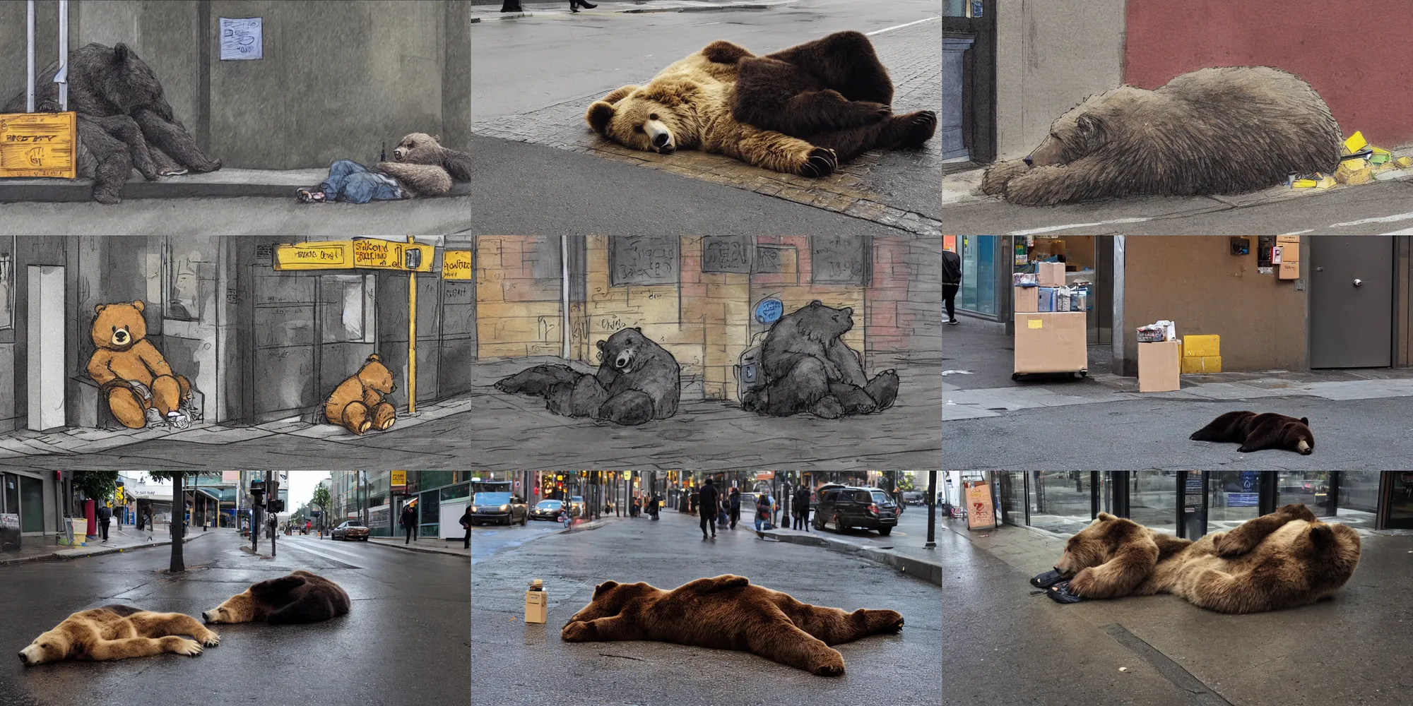 Prompt: hyper - realistic anthropomorphic bear homeless laying in a dark rainy street corner under carton boxes, honey dispensary