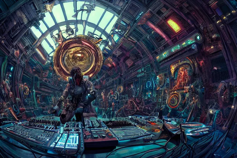 Prompt: a fisheye lens photo of a post apocalyptic tribal cyborg dj tweaking and playing synthesizers in the most complicated and technical spiral fractal musical studio, powerful, cinematic, beautifully lit, by donato giancola, by artgerm, by karol bak, 3 d, perfect face and body, trending on artstation, octane render, 8 k