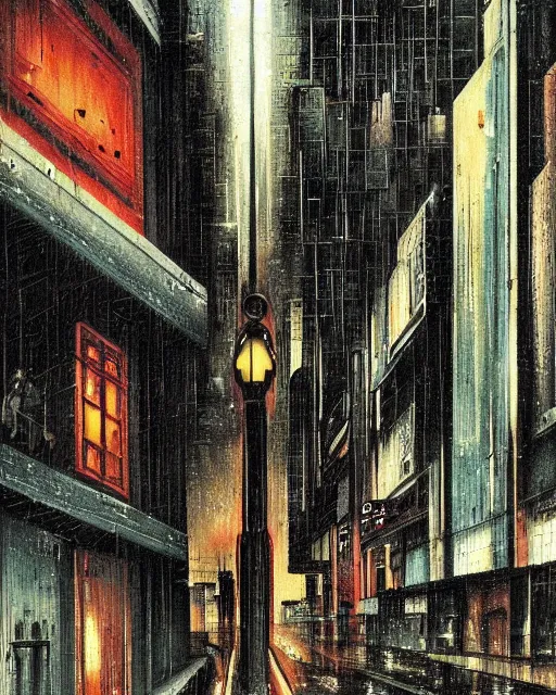 Prompt: melancholy rainy night of cyberpunk city life by de chirico